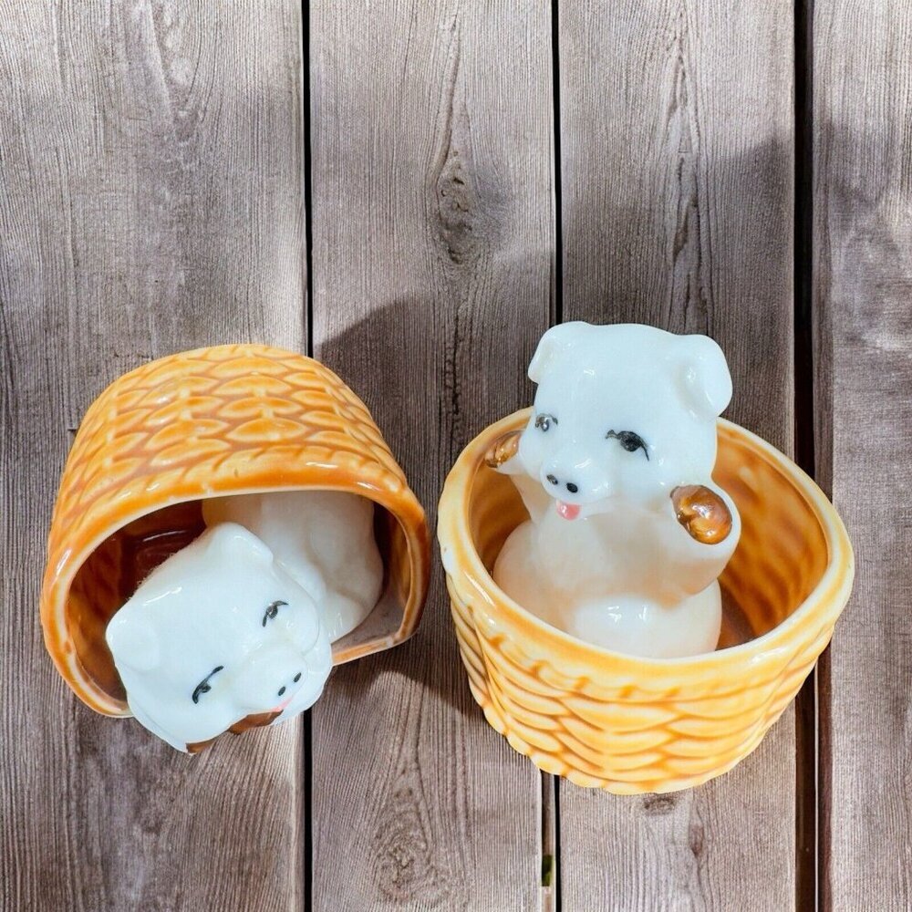 Vintage 1980s Porcelain Pings In Woven Basket Figurine Set Made On Taiwan VTG